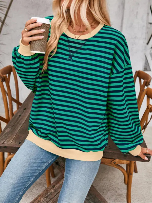 Damen Colorblock Sweatshirt mit Streifen, überschnittenen Schultern und langen Ärmeln