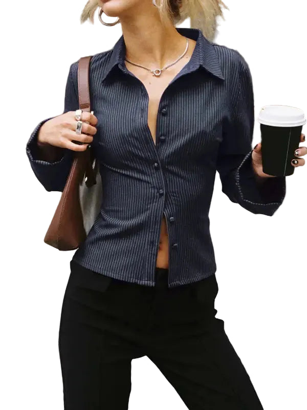 Damen Gestreiftes Langarmhemd mit Knopfleiste für den Alltag