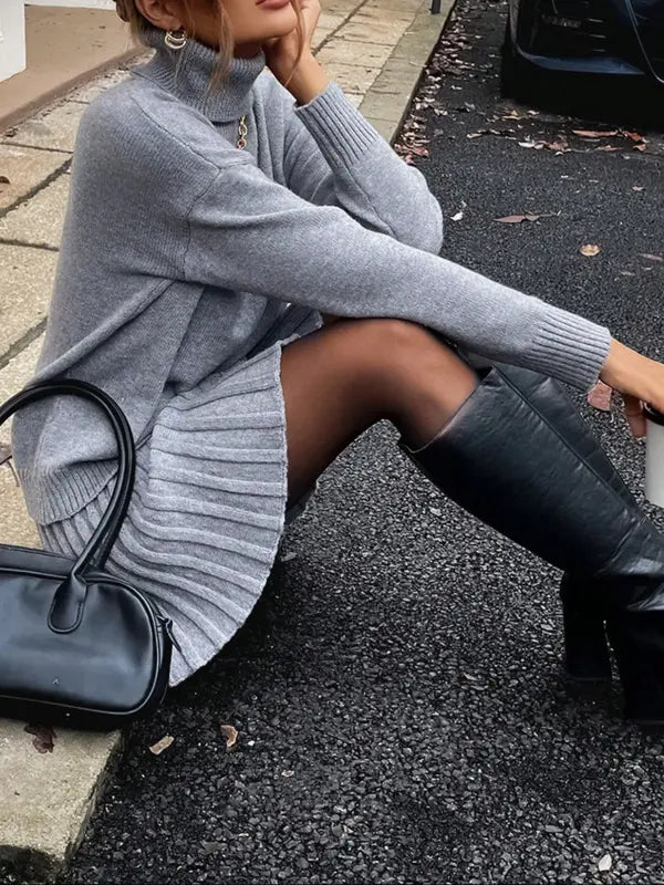 Damen Fashion Strick Set mit elegantem hochgeschlossenem Pullover und Minirock