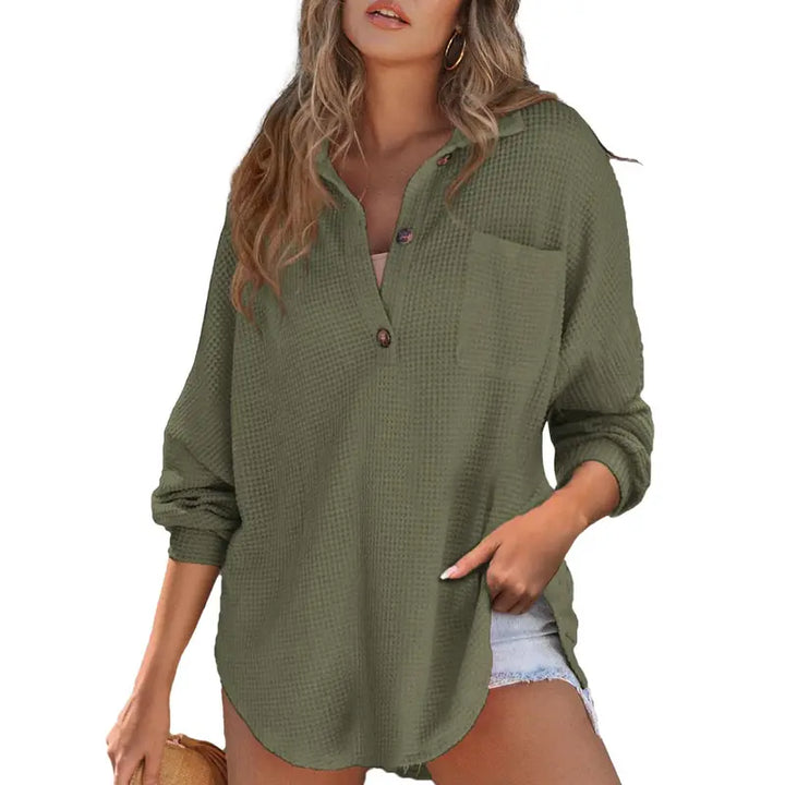 Bequemes Damen Oversized Henley Strick Tunika Shirt mit V-Ausschnitt und langen Ärmeln