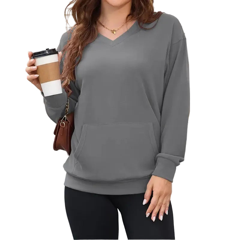 Gemütlicher Damen Hoodless V-Ausschnitt Sweatshirt mit Kängurutasche, Fleece Langarm Oversized Shirt