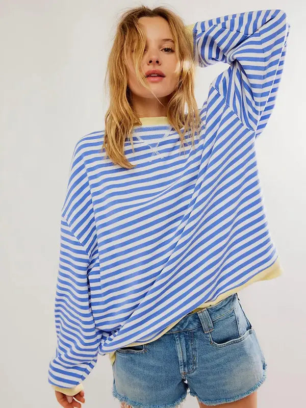 Damen Colorblock Sweatshirt mit Streifen, überschnittenen Schultern und langen Ärmeln