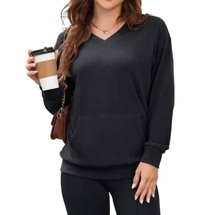Gemütlicher Damen Hoodless V-Ausschnitt Sweatshirt mit Kängurutasche, Fleece Langarm Oversized Shirt