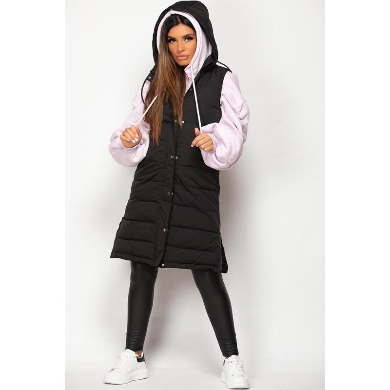 Schwarzes Wattiertes Longline-Kapuzenjacke für Komfort im Winter