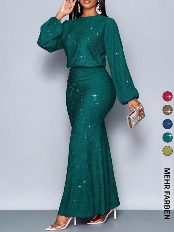 Elegantes Damen Glitzer Maxi Kleid mit langen Ärmeln und hoher Taille