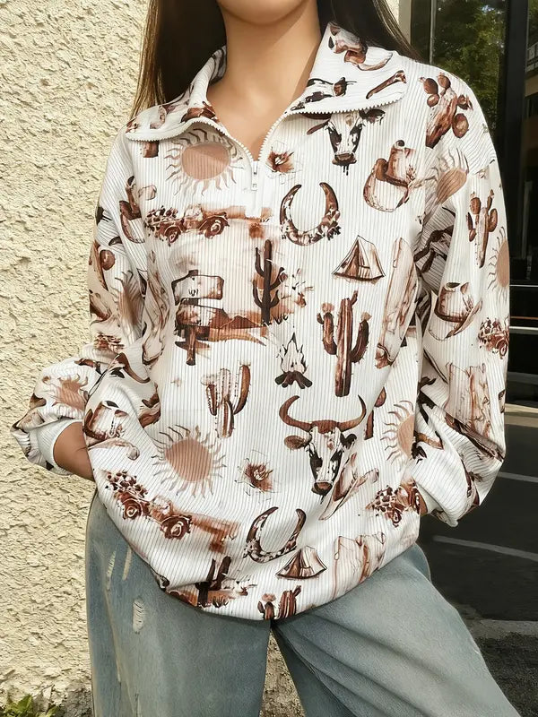Damen Freizeit Cord Sweatshirt mit Leopardenmuster und Reißverschluss, Langarm für den Herbst