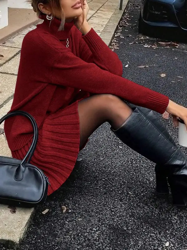 Damen Fashion Strick Set mit elegantem hochgeschlossenem Pullover und Minirock