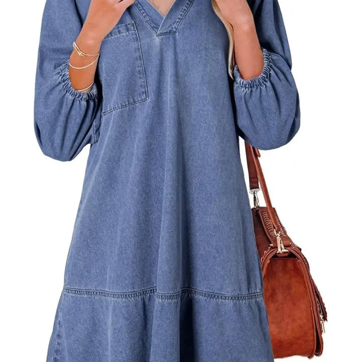 Damen Babydoll Jeanskleid mit V Ausschnitt und 3/4 Puffärmeln