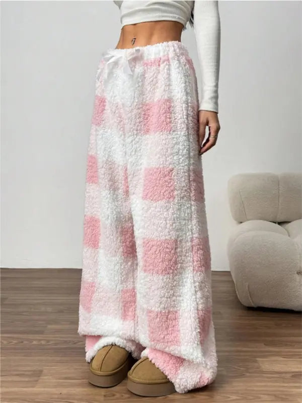 Bequeme Damen Vintage Karohose mit elastischem Bund, geradem Bein und lockerem Schnitt für kalte Tage