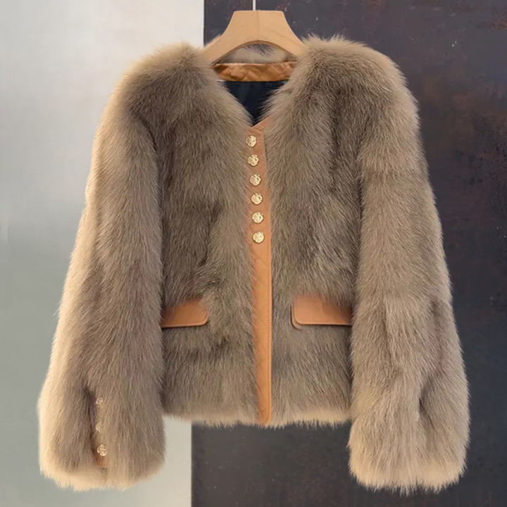 Elegante Damen Kunstpelz Jacke, Kurz Herbst Winter Mantel mit Kontrastbesatz