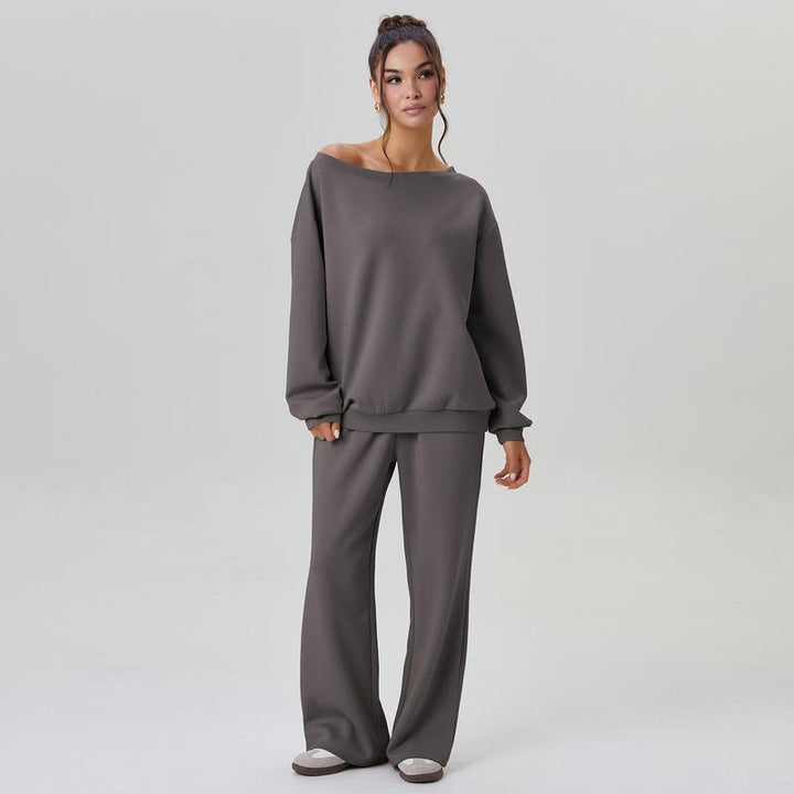 Gemütliches Damen Uni Zweiteiliges Set mit schulterfreiem Langarm Oberteil und weiter Hose