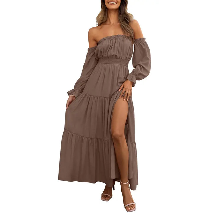 Damen Boho Off-Shoulder Langarm Smocked High-Waist A-Line Maxikleid mit Seitenschlitz