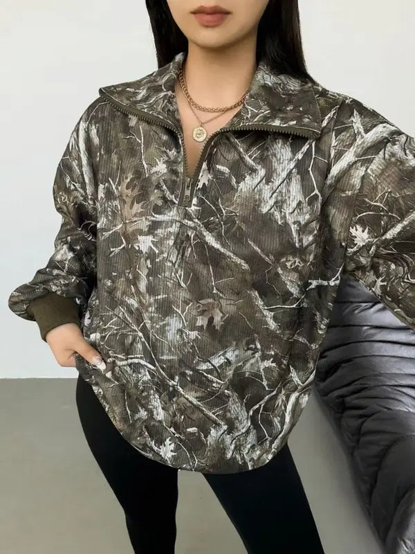 Damen Freizeit Cord Sweatshirt mit Leopardenmuster und Reißverschluss, Langarm für den Herbst