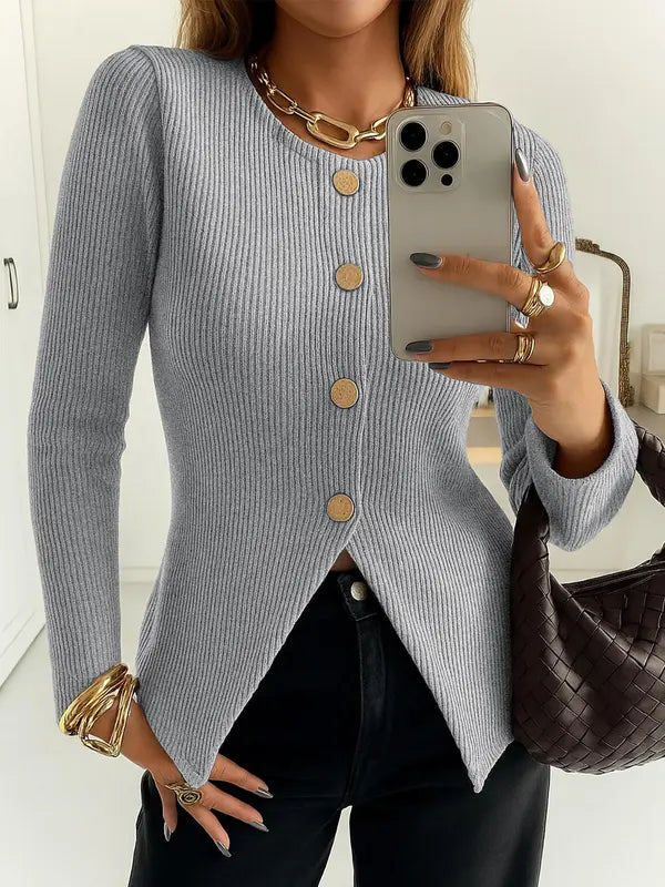 Damen Casual Elegantes Rippstrick Oberteil mit Knopfleiste, figurbetontes Uni Design