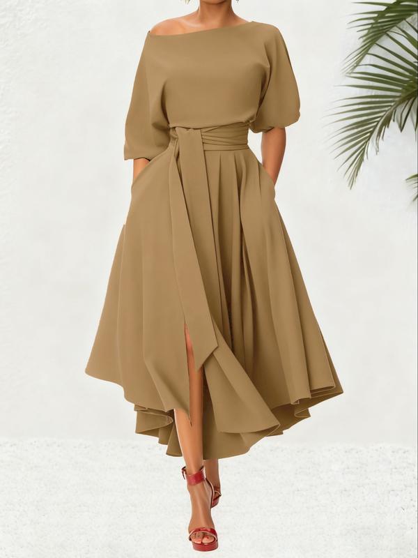 Damen Gürtel Bootsausschnitt A-Linie Kleid Für Sommeroutfits