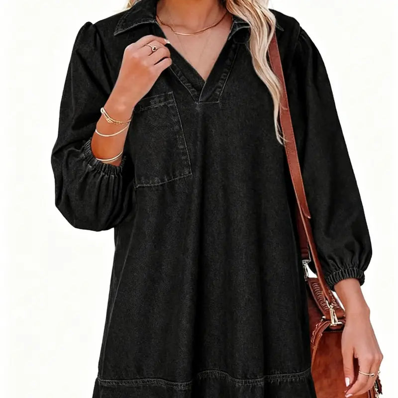 Damen Babydoll Jeanskleid mit V Ausschnitt und 3/4 Puffärmeln