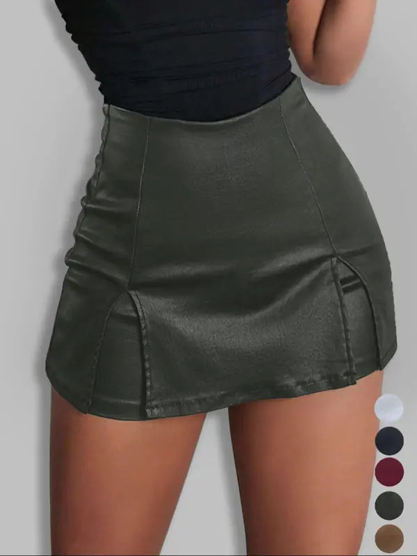 Damen PU Leder A Linien Rock mit niedriger Taille und Falten für Frühling & Sommer