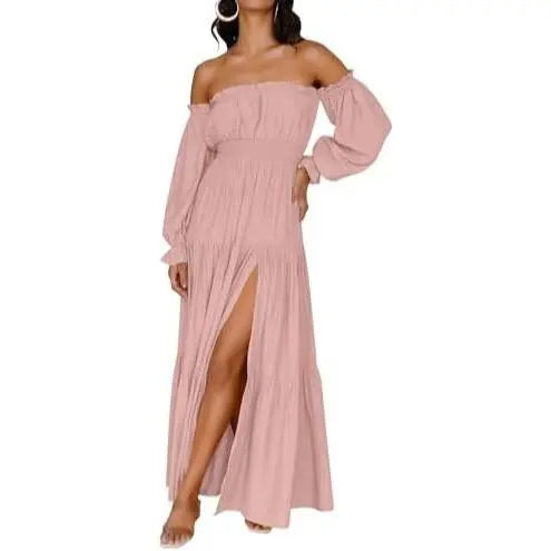 Damen Boho Off-Shoulder Langarm Smocked High-Waist A-Line Maxikleid mit Seitenschlitz