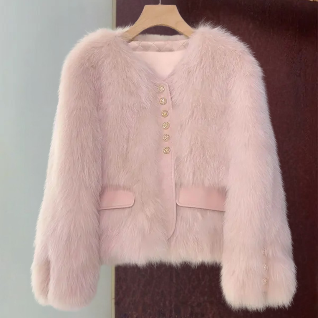 Elegante Damen Kunstpelz Jacke, Kurz Herbst Winter Mantel mit Kontrastbesatz