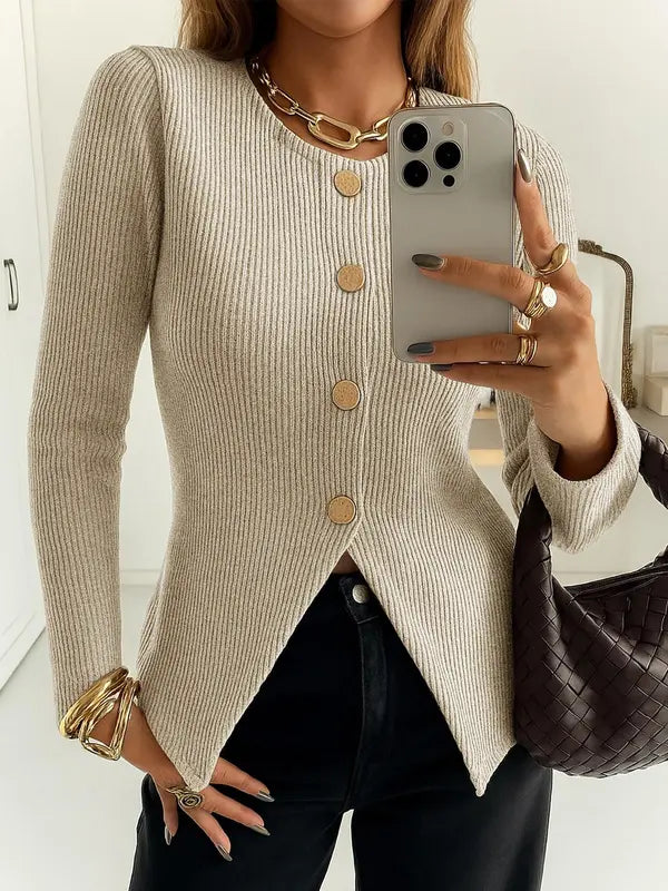 Damen Casual Elegantes Rippstrick Oberteil mit Knopfleiste, figurbetontes Uni Design