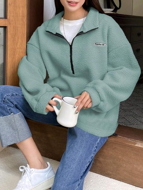 Damen Fleece Sweatshirt mit Buchstaben Patch Half Zip Drop Shoulder und langen Ärmeln