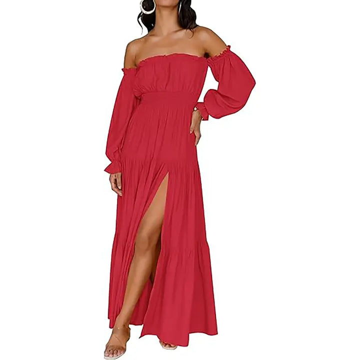 Damen Boho Off-Shoulder Langarm Smocked High-Waist A-Line Maxikleid mit Seitenschlitz