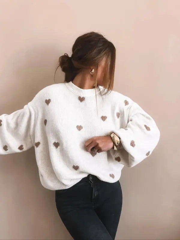 Damen Strickpullover mit Herzmuster und überschnittenen Schultern für Herbst & Winter