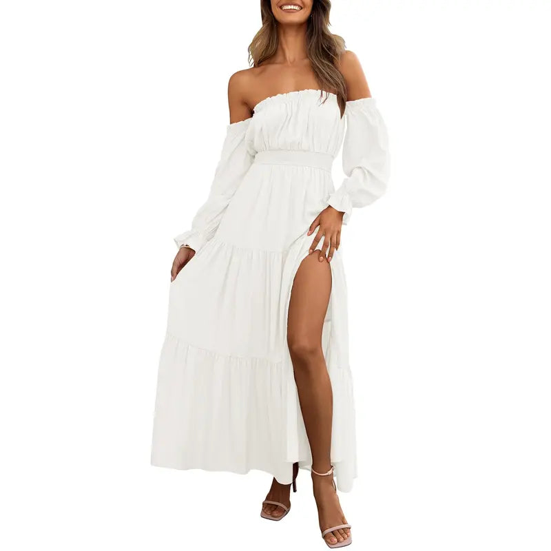 Damen Boho Off-Shoulder Langarm Smocked High-Waist A-Line Maxikleid mit Seitenschlitz
