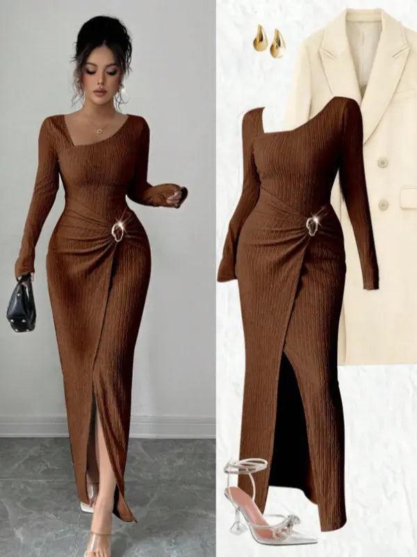 Damen Strick Bodycon Kleid mit asymmetrischem Ausschnitt, Drehdetail und Schlitz für Herbst & Winter