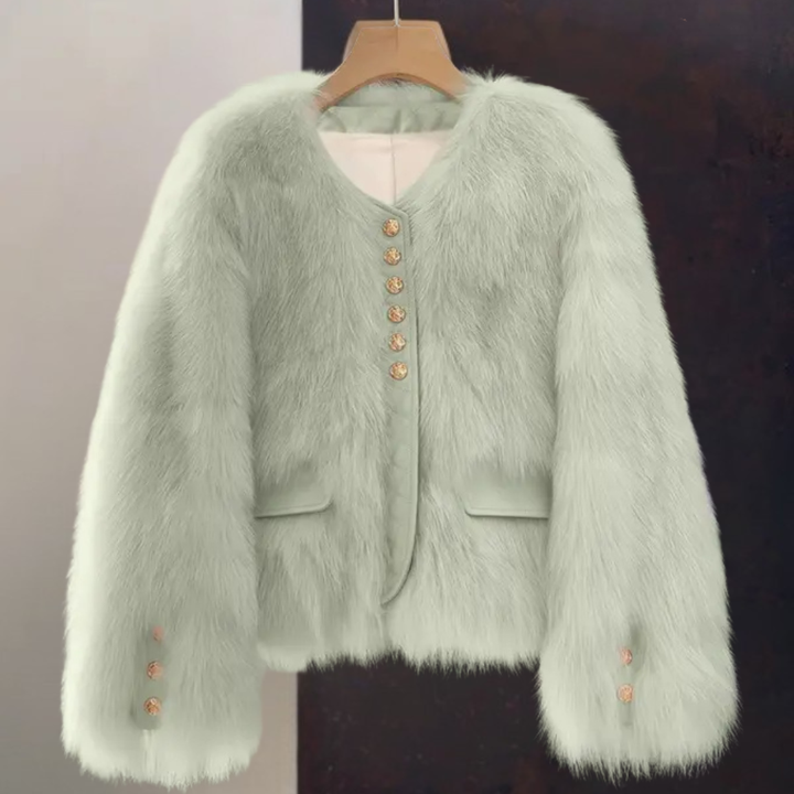 Elegante Damen Kunstpelz Jacke, Kurz Herbst Winter Mantel mit Kontrastbesatz