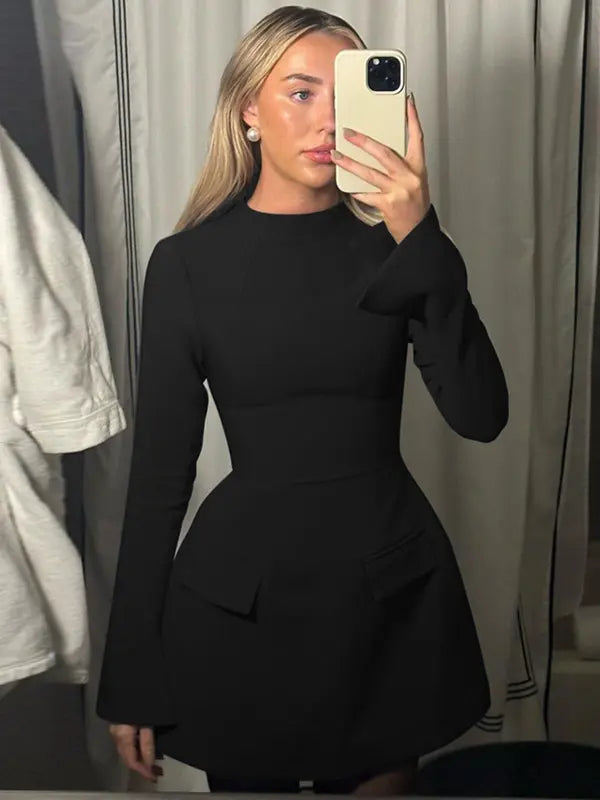 Crew Neck Langarm Bodycon Mini Kleid Für Damen