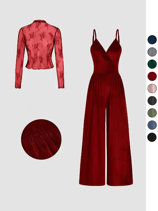 Einfarbiges Spitzen-T-Shirt & Latzanzug-Set für Frühling & Herbst