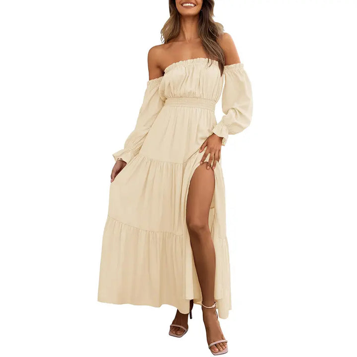 Damen Boho Off-Shoulder Langarm Smocked High-Waist A-Line Maxikleid mit Seitenschlitz