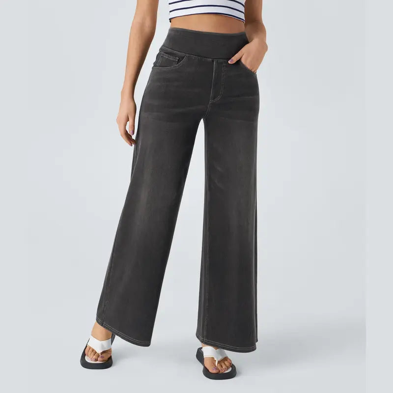 Damen High-Waist Ausgewaschene Baggy Wide-Leg Stretchy Strickjeans mit mehreren Taschen