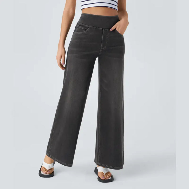 Damen High-Waist Ausgewaschene Baggy Wide-Leg Stretchy Strickjeans mit mehreren Taschen