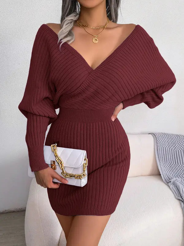 Damen Strick Bodycon Kleid mit Wickel V Ausschnitt und langen Ärmeln