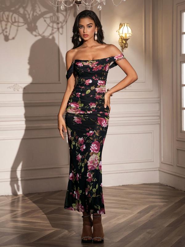 Elegantes Damen One Shoulder Mesh Kleid mit Raffungen, Korsett Design und rückenfreiem Schnitt