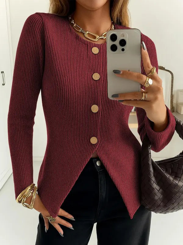 Damen Casual Elegantes Rippstrick Oberteil mit Knopfleiste, figurbetontes Uni Design