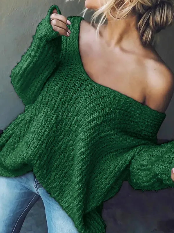 Damen schlichter V Ausschnitt Pullover mit Drop Shoulder und langen Ärmeln