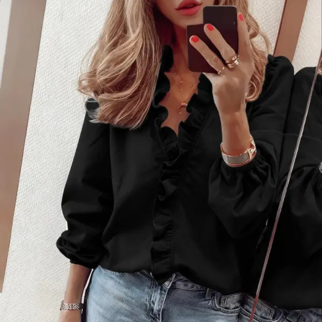 Elegante Damen V-Ausschnitt Bluse mit Rüschen, locker geschnittenes Gewebtes Shirt für Büro