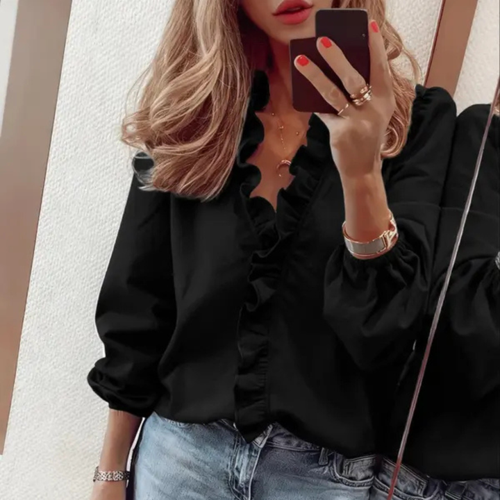 Elegante Damen V-Ausschnitt Bluse mit Rüschen, locker geschnittenes Gewebtes Shirt für Büro