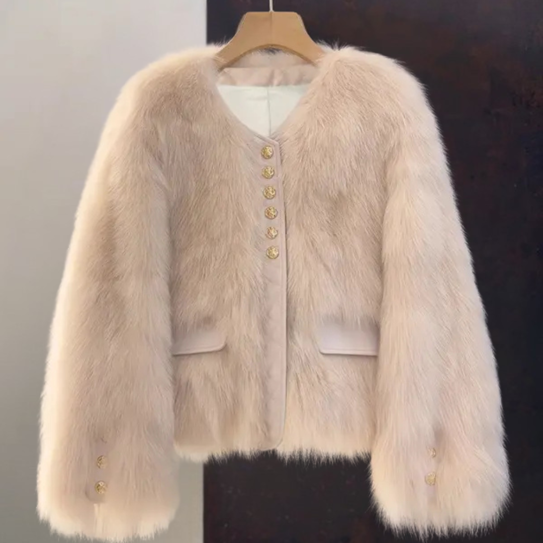 Elegante Damen Kunstpelz Jacke, Kurz Herbst Winter Mantel mit Kontrastbesatz