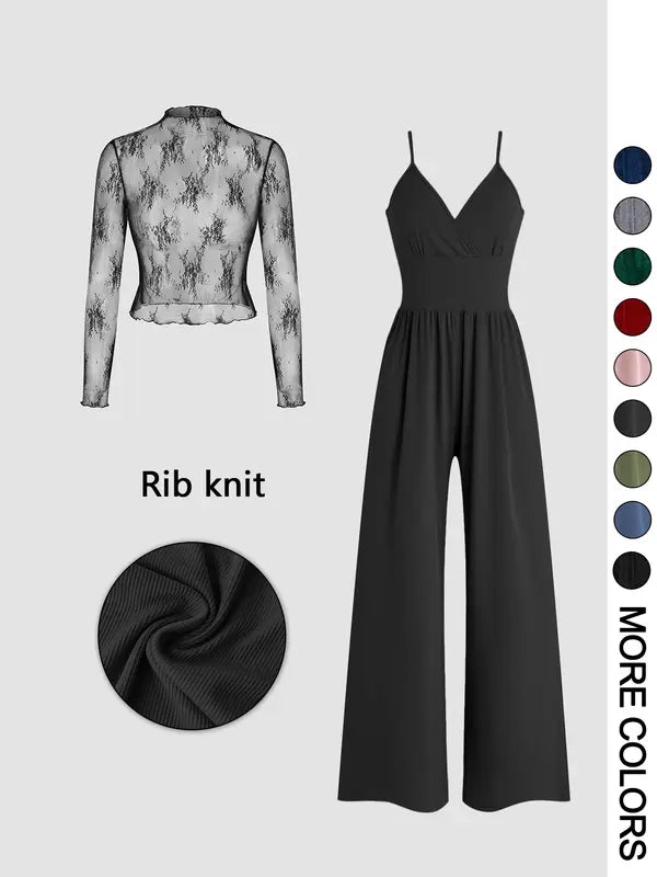 Solid Lace Tee & Pocket Jumpsuit Zweiteiliges Set