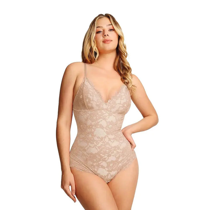 Eleganter Damen Shapewear Body mit Spitze und V Ausschnitt