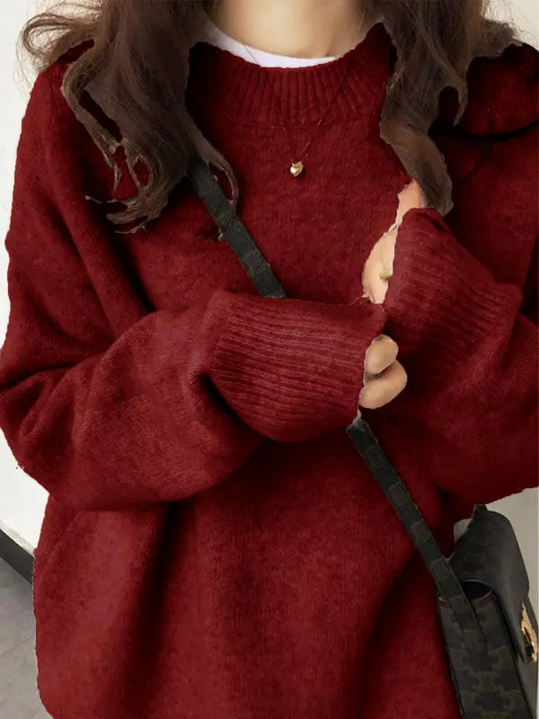 Einfaches Damen Strickpullover mit Drop Shoulder und Rundhalsausschnitt für Herbst & Winter