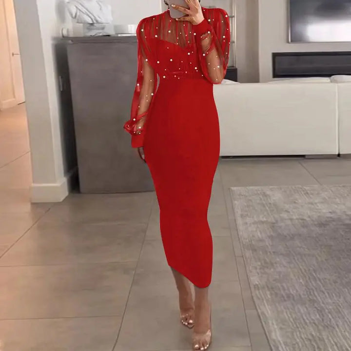 Elegantes Damen Bodycon Kleid mit Stehkragen, Mesh Einsatz, Perlendetail, Reißverschluss und Schlitz