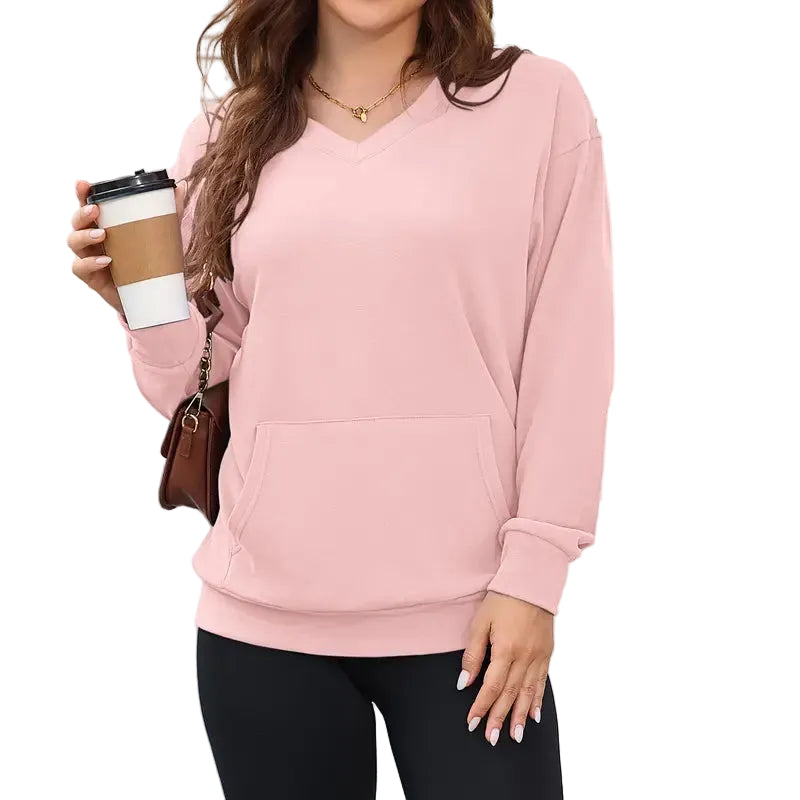 Gemütlicher Damen Hoodless V-Ausschnitt Sweatshirt mit Kängurutasche, Fleece Langarm Oversized Shirt