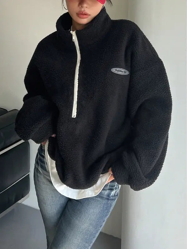 Damen Fleece Sweatshirt mit Buchstaben Patch Half Zip Drop Shoulder und langen Ärmeln