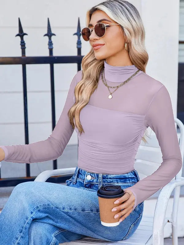 Schlichtes Damen Mesh Oberteil mit langen Ärmeln und hohem Kragen