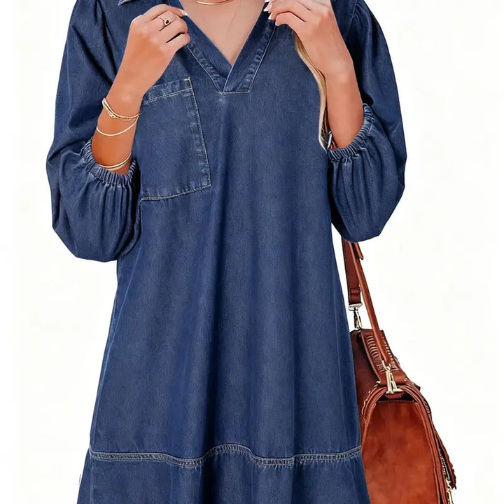 Damen Babydoll Jeanskleid mit V Ausschnitt und 3/4 Puffärmeln